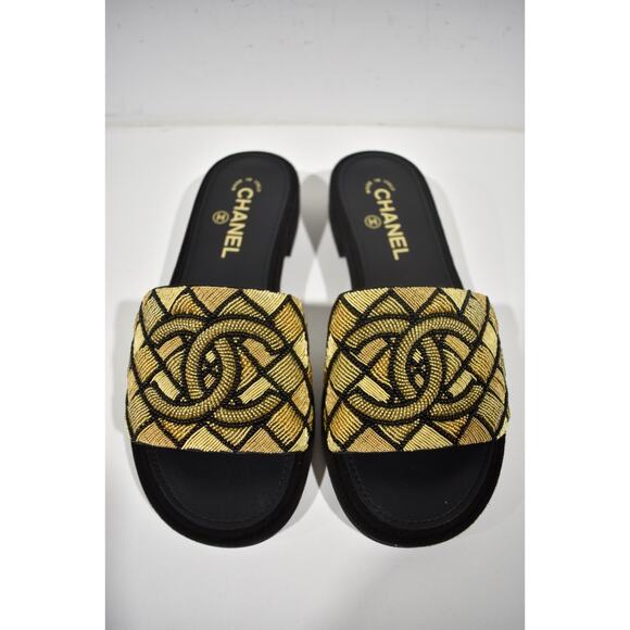 Chanel 21A Gold Black Pearl Embroidery Beaded CC Logo Slide Sandal Mule Flat 36 - Picture 8 of 12